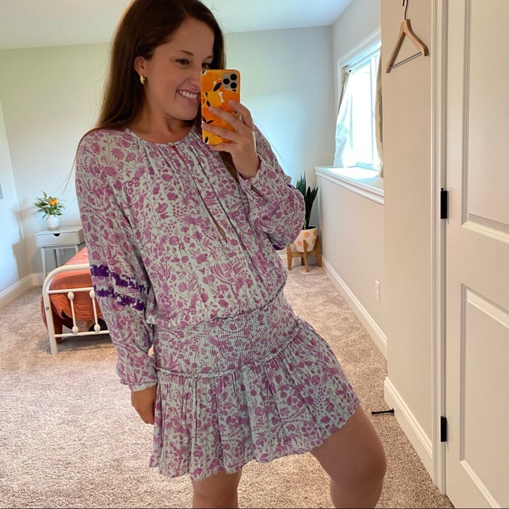 Hemant & Nandita Blue Purple Floral Sequin Smocked Long Sleeve Mini Dress XS - Picture 4 of 16